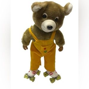 Vintage Sammy Skates Plush Bear 1985  Yellow Overalls Music is erratic